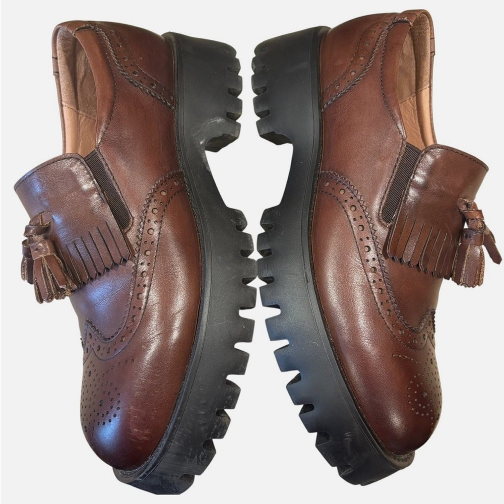 BeauToday Platform Brogue Tassel Loafers Brown Leather Lug Sole Women 8 - Picture 7 of 8